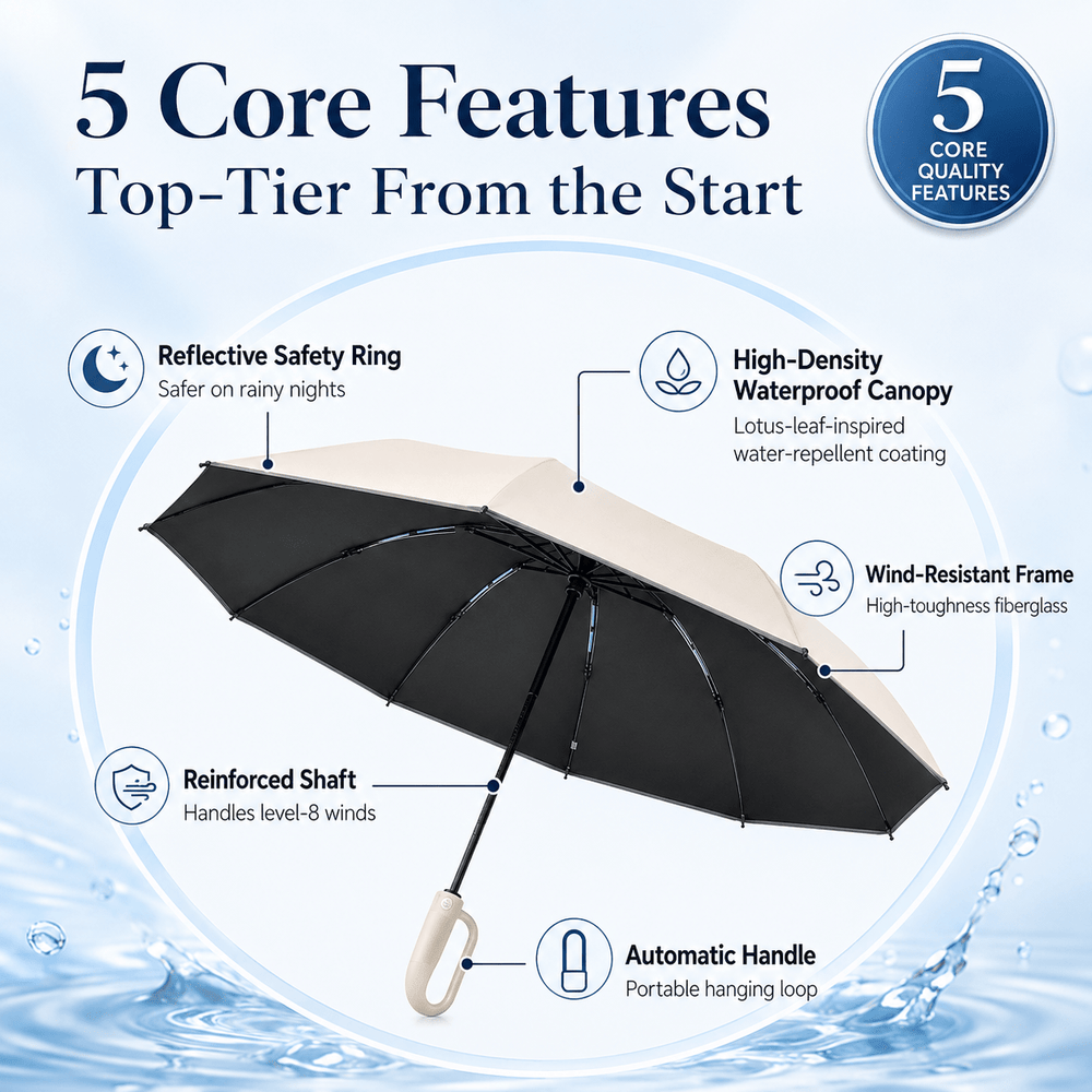 RainCore Reverse Umbrella – 10-Rib Automatic Wind-Resistant Umbrella with Reflective Trim & UV Protection - Collected Lab
