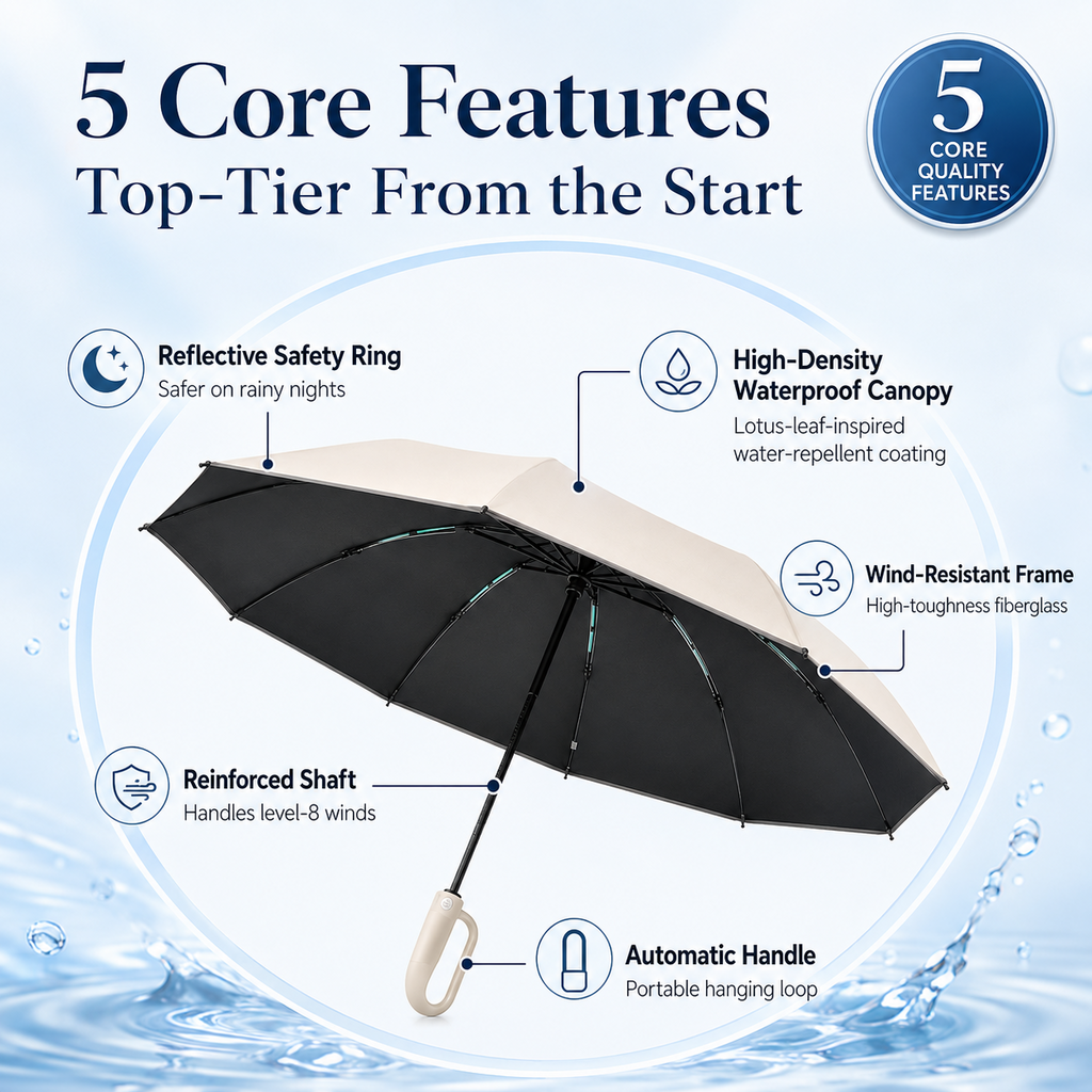 RainCore Reverse Umbrella – 10-Rib Automatic Wind-Resistant Umbrella with Reflective Trim & UV Protection