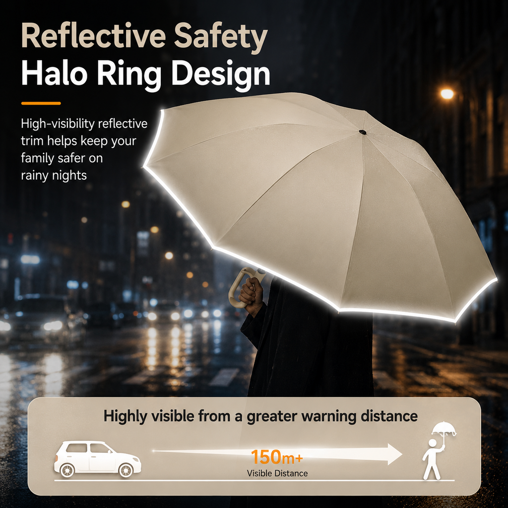 RainCore Reverse Umbrella – 10-Rib Automatic Wind-Resistant Umbrella with Reflective Trim & UV Protection