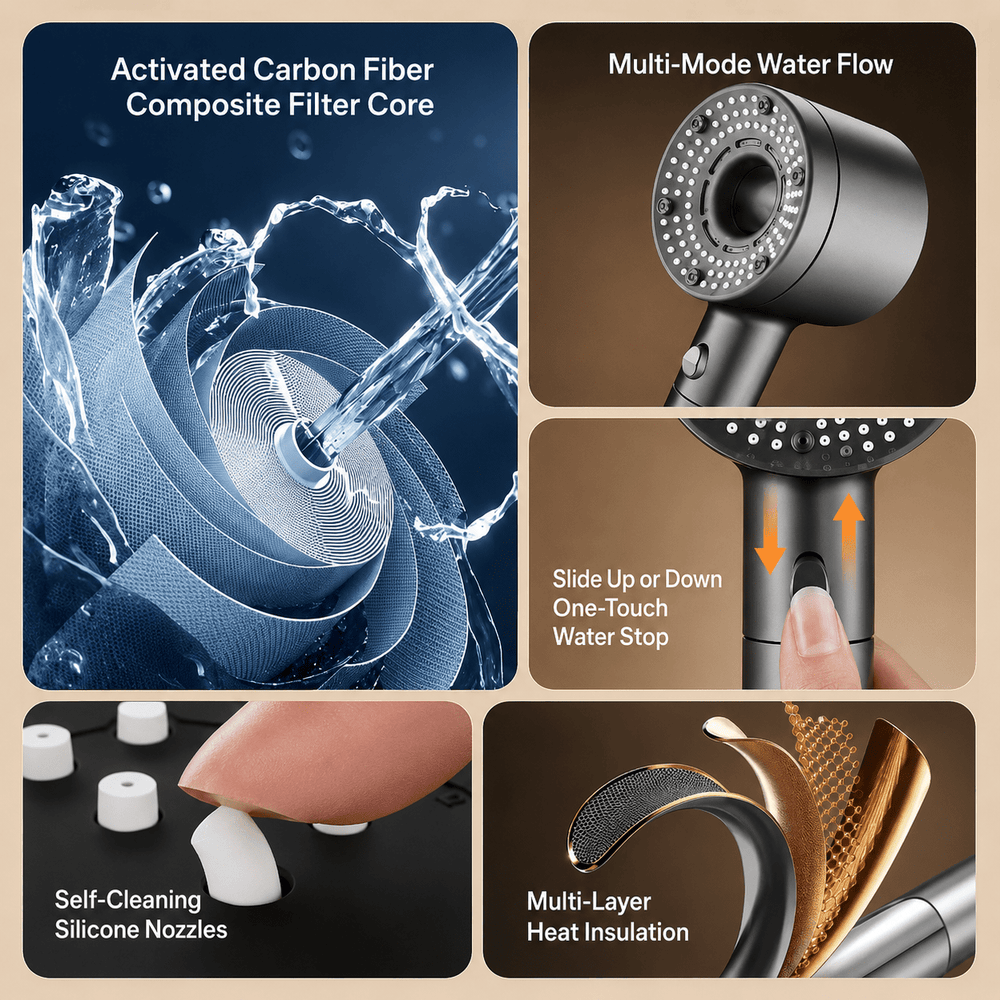 TurboFlow 5-Mode Filtered Shower Head | 5 Filter Cartridges Included - Collected Lab