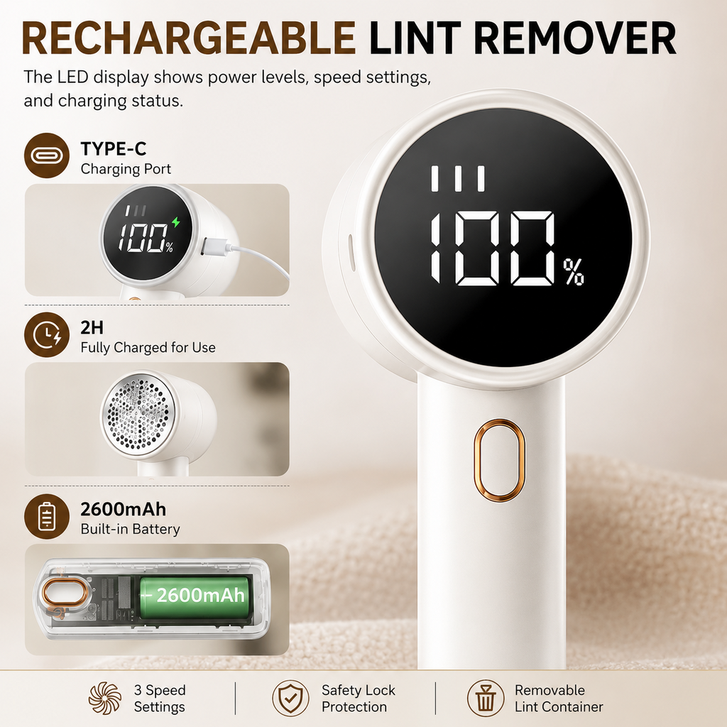 Fuzzora – Rechargeable Fabric Shaver with LED Display