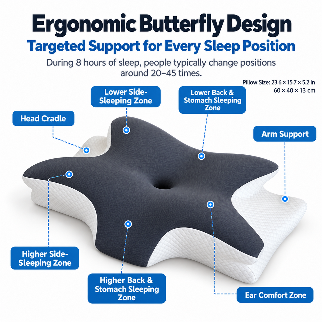 Pain Relief Ergonomic Butterfly Pillow – Cooling Memory Foam & Machine Washable Cover