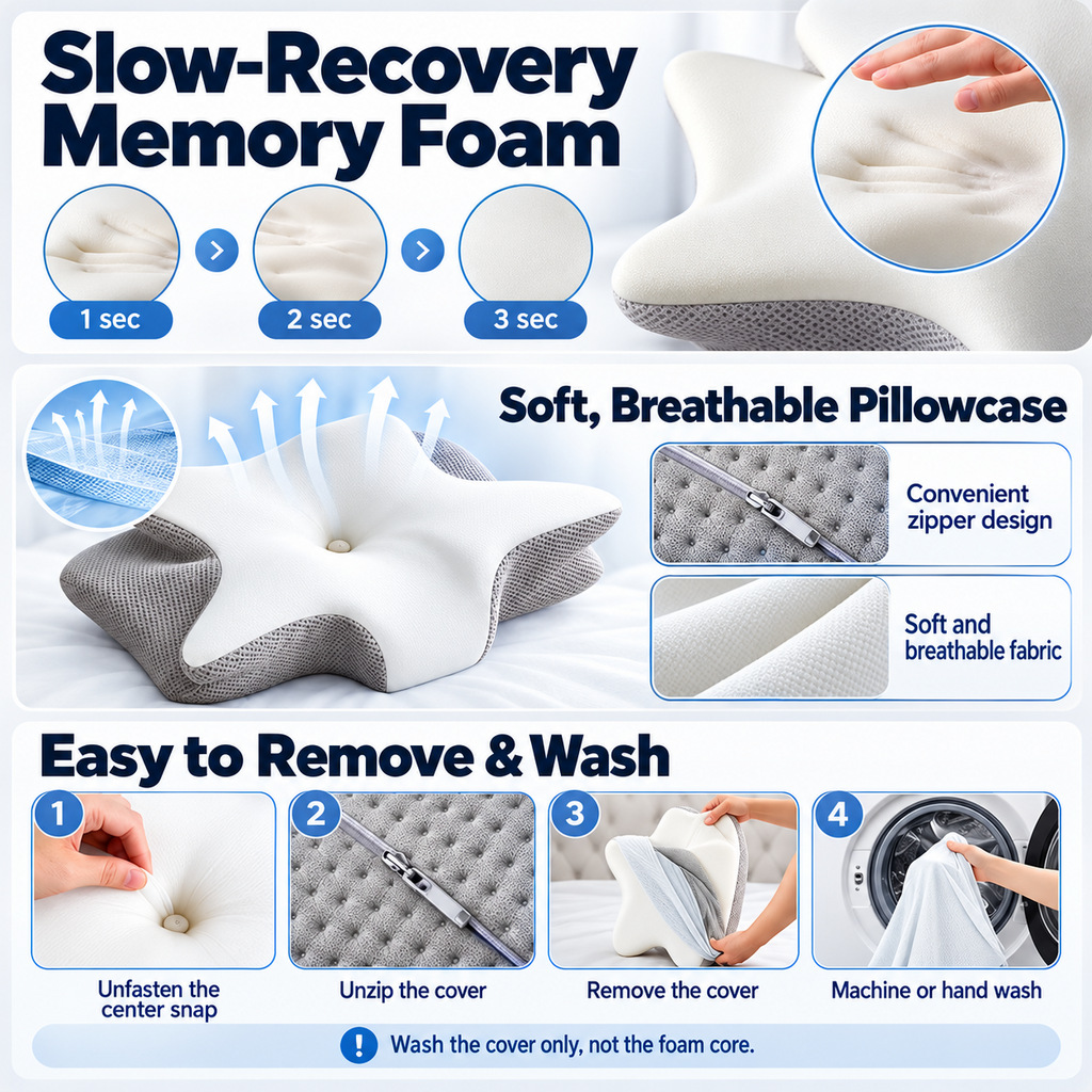 Pain Relief Ergonomic Butterfly Pillow – Cooling Memory Foam & Machine Washable Cover