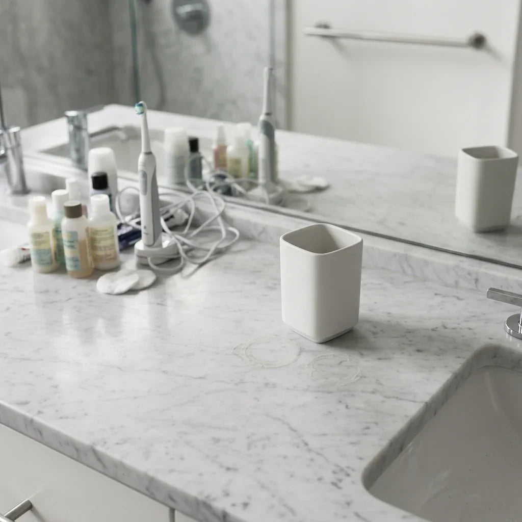 White minimalist toothbrush holder on marble bathroom counter, ideal for home storage and daily carry essentials.
